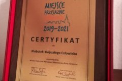 Miejsce Przyjazne Seniorom  2019-2021 certyfikat dla Kluboteki Dojrzałego Człowieka